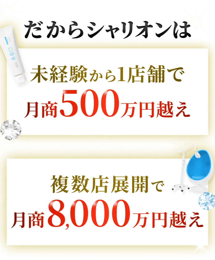 だからシャリオンは未経験から1店舗目で月商500万円越え 複数店舗展開で月商8000万円越えの実績あり